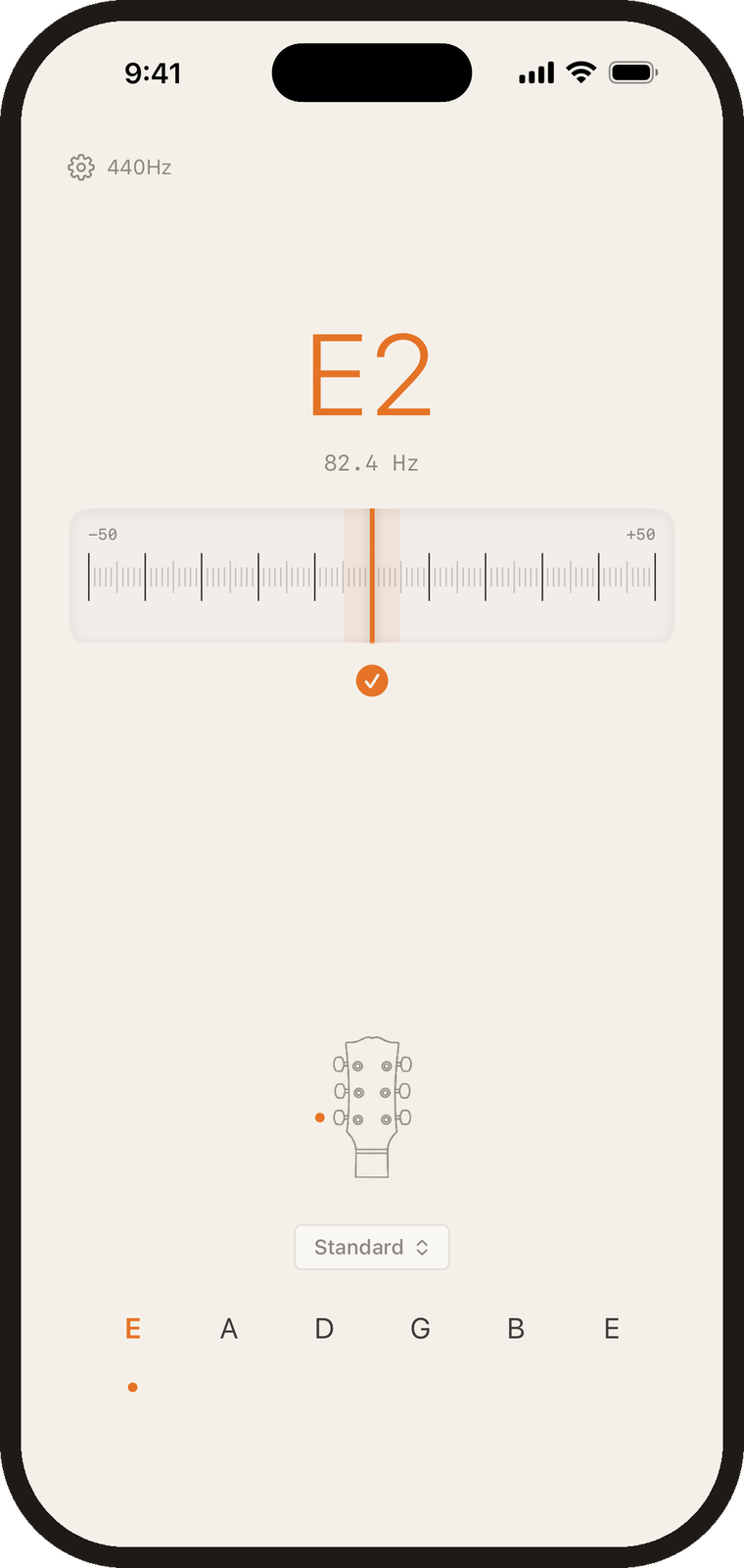 Dial showing the low E string at 82.4 hertz, needle centred