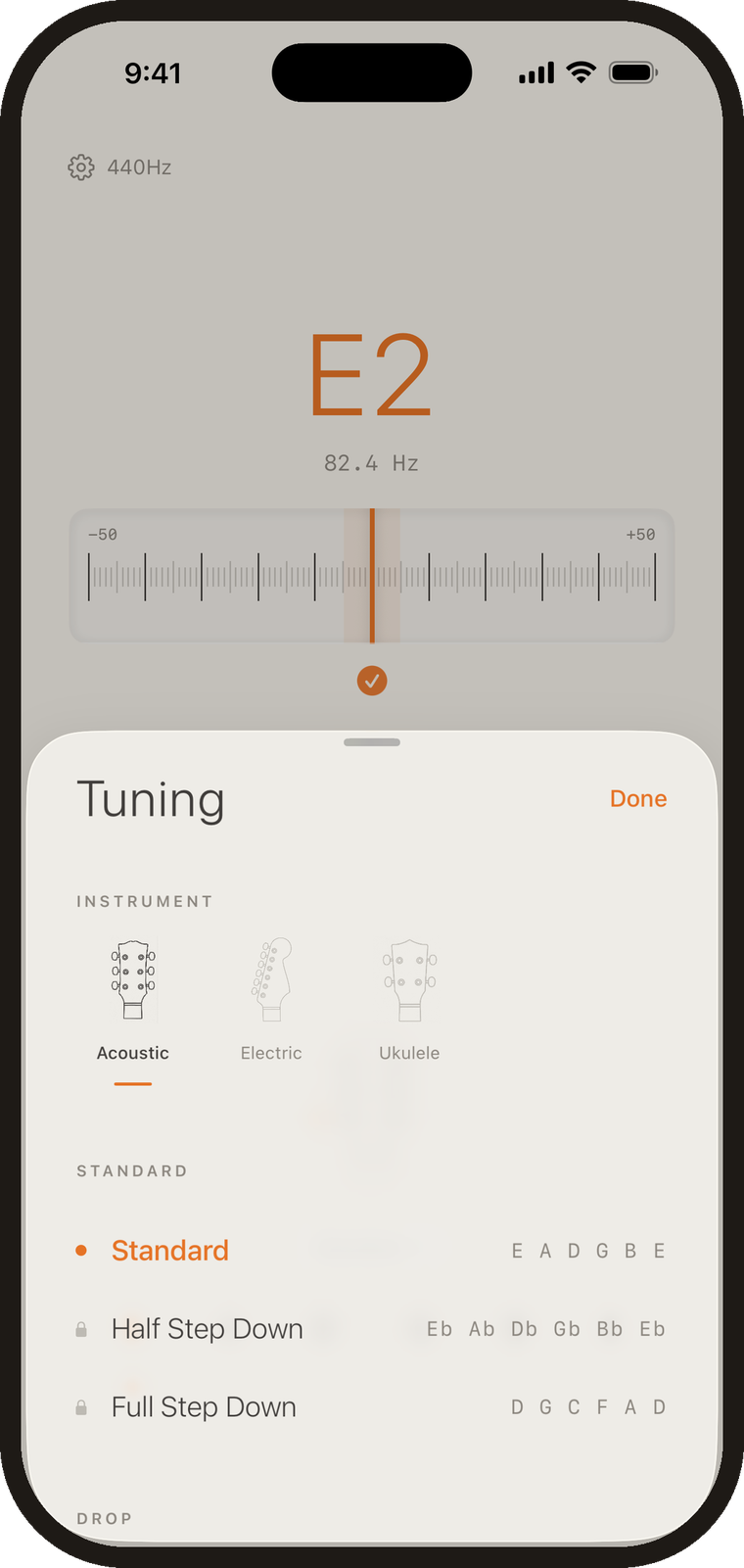 The Tuning sheet: acoustic, electric and ukulele, with the standard tunings listed
