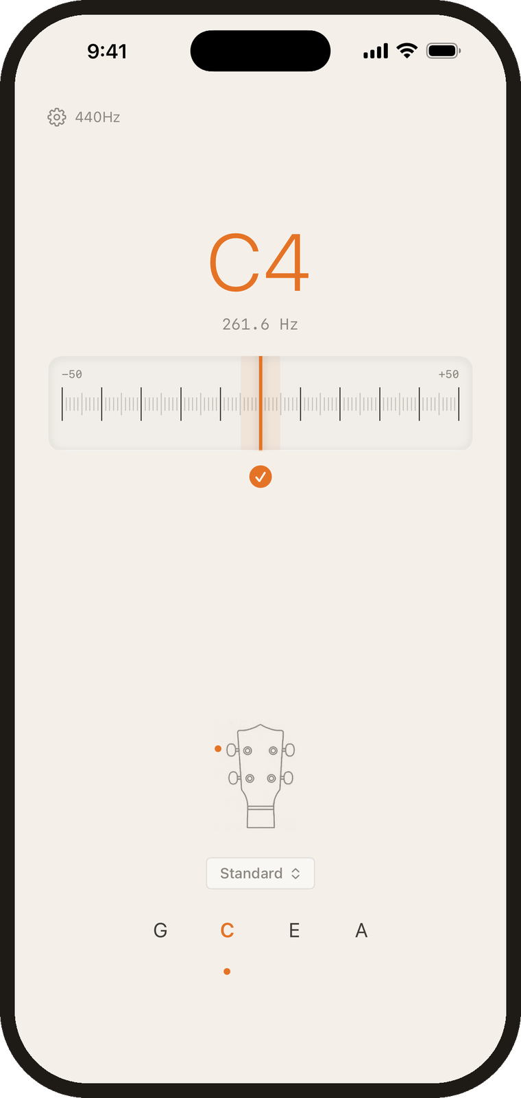 Dial detecting C4 on a ukulele, needle centred